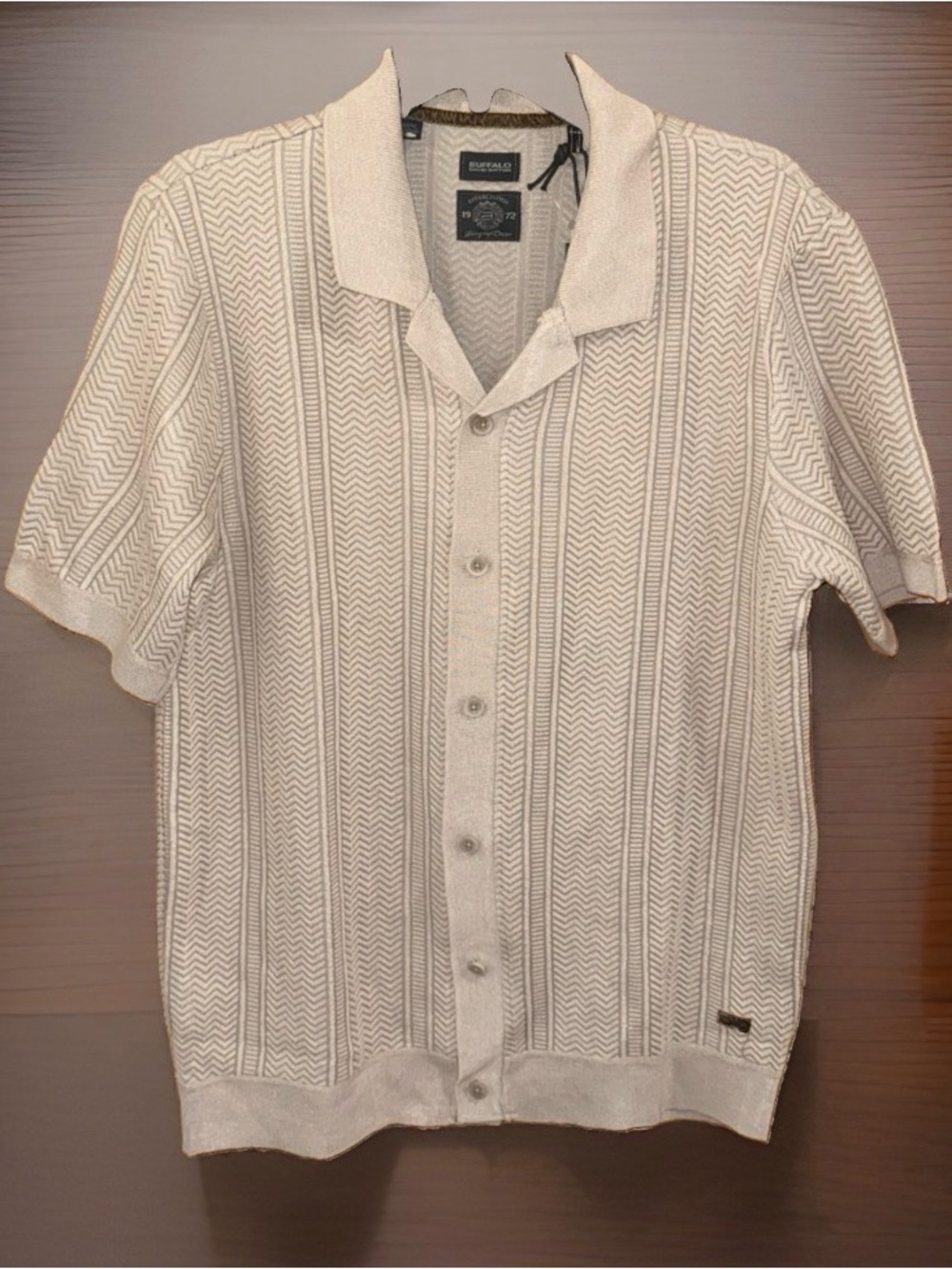 NWT Buffalo David Bitton Cream Knit Textured Short-Sleeve Button-Down Shirt-M